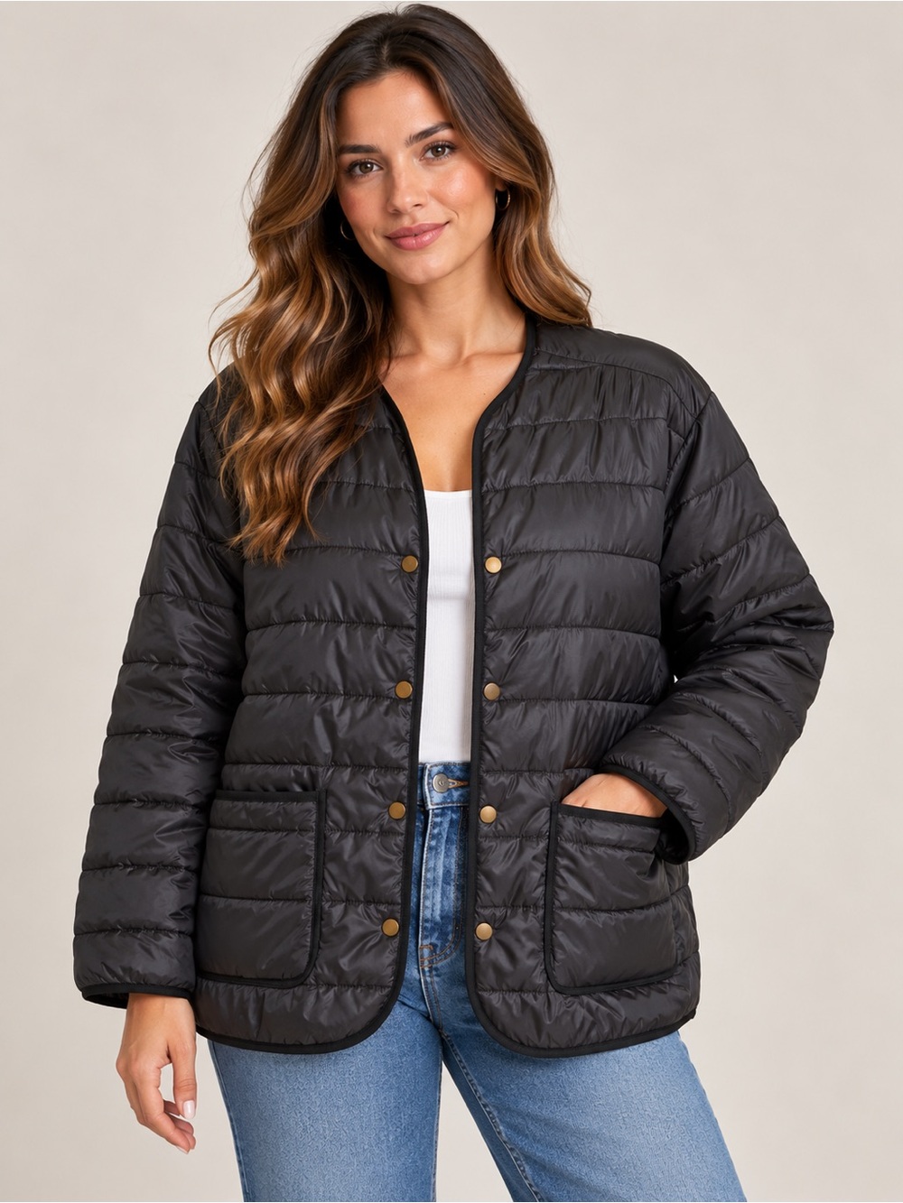 Everlane ReNew Quilted Liner Jacket L Black Lightweight Snap Front Coat